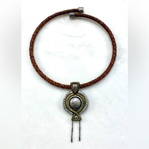 Vintage Chico's Braided Brown Leather Necklace with Silver and Gold-Tone Pendant